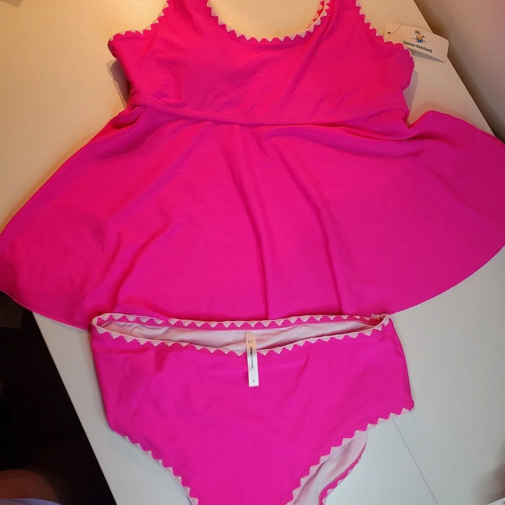 Hot Pink Ric Rac Trim Peplum Tankini Swimsuit Set Medium NWT
